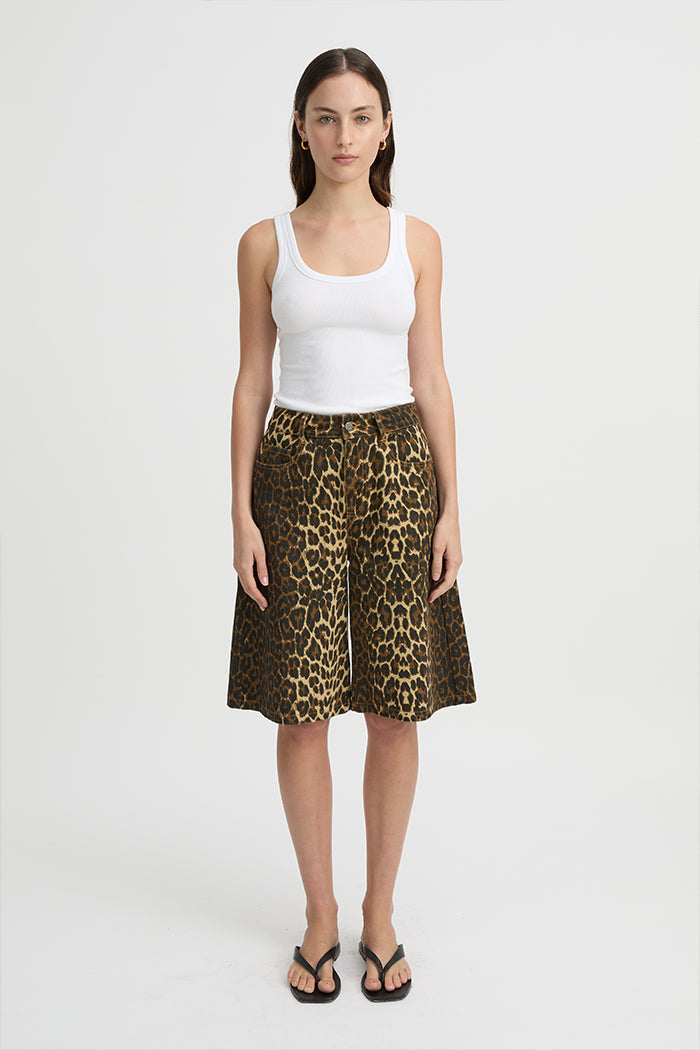 Image of a model wearing Shorts. Product name - Velo Shorts Leopard in Leopard colour by brand - Blanca Studio