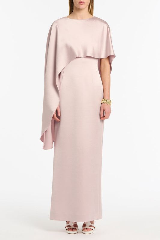 Image of Dresses. Product name - Blush Lustre Satin Asymmetrical Cape Gown in Pink colour by brand - Carla Zampatti