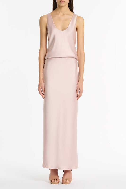 Image of a model wearing Tops. Product name - Blush Lustre Satin Scoop Neck Cami in Pink colour by brand - Carla Zampatti