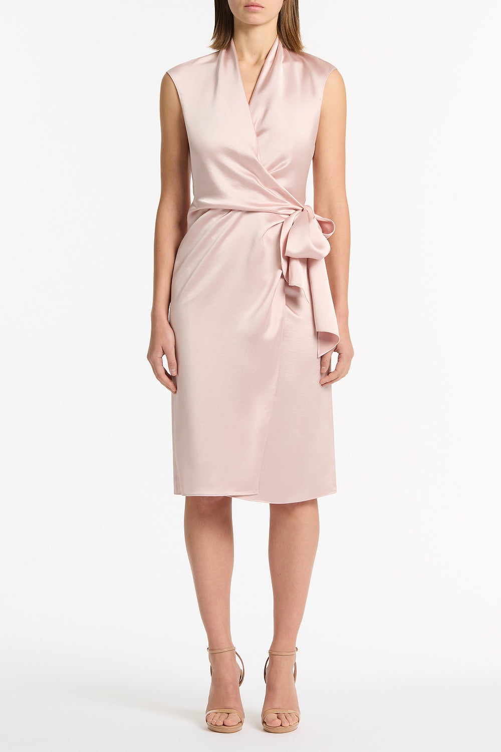 Image of Dresses. Product name - Blush Lustre Satin Wrap Dress in Pink colour by brand - Carla Zampatti