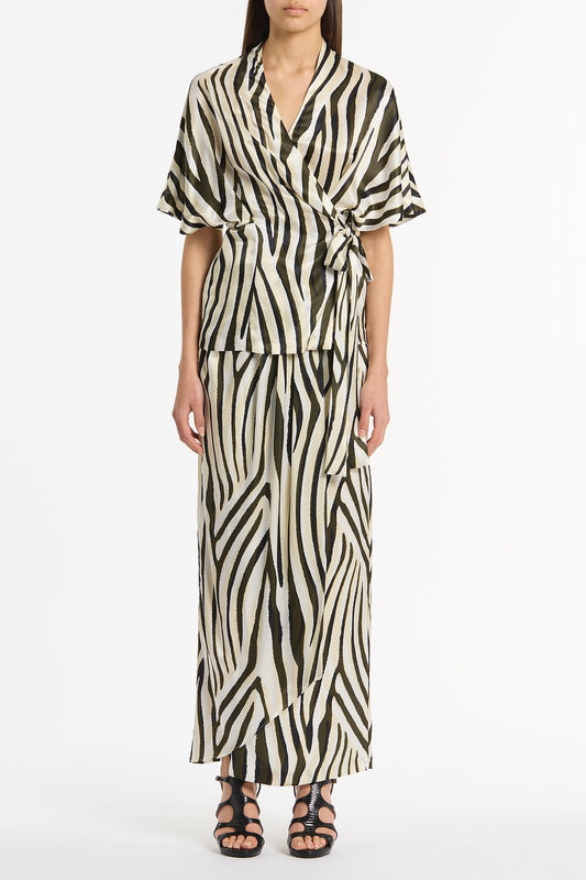 Image of a model wearing Tops. Product name - Bold Stripe Print Gather Top in Multi-Colour colour by brand - Carla Zampatti