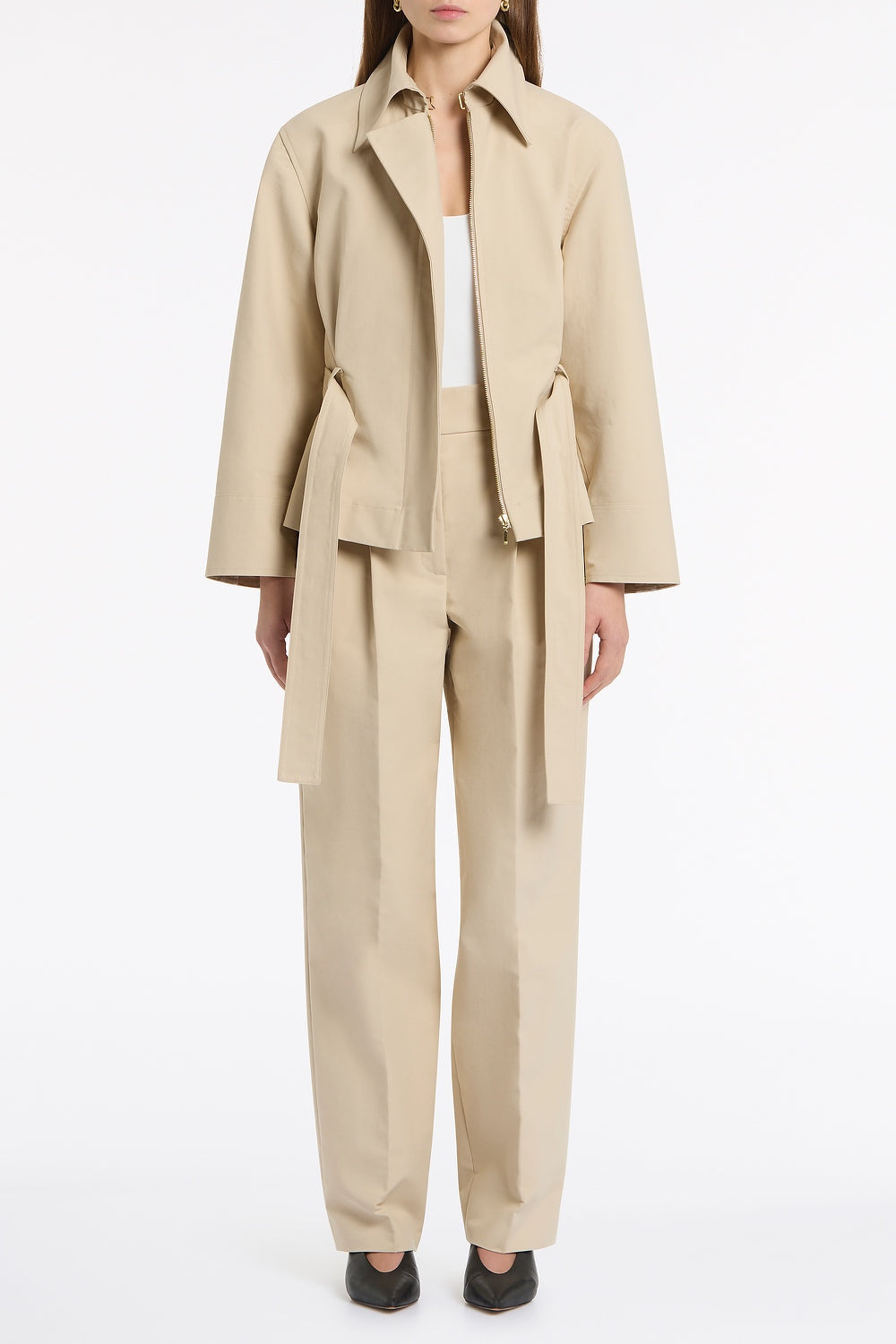 Carla Zampatti Bone Luxe Cotton Drill Short Trench Coat (Natural)
