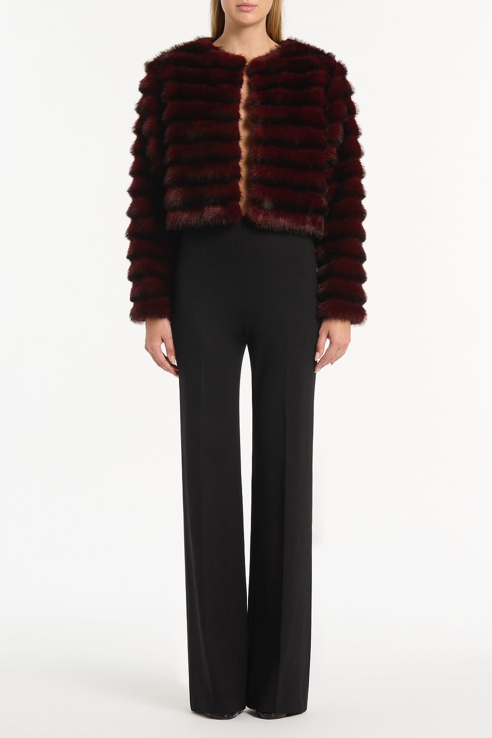 Image of Coats & Jackets. Product name - Bordeaux Cropped Fur Jacket in Red colour by brand - Carla Zampatti