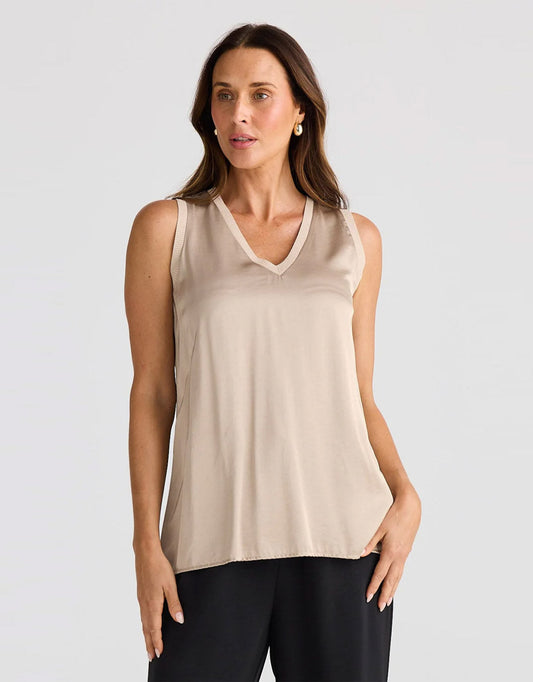 Image of a model wearing Tops. Productname: Celine Top - in Stone Taupe colour by brand - Brave + True