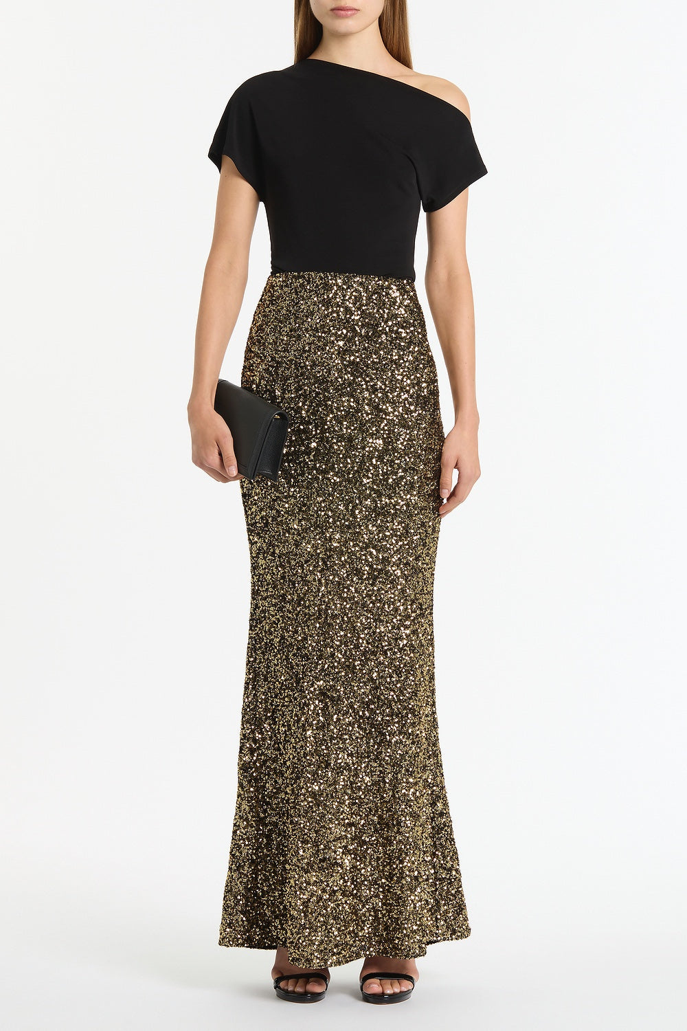 Image of a model wearing Skirts. Product name - Bronze Crushed Sequin Column Skirt in Bronze colour by brand - Carla Zampatti