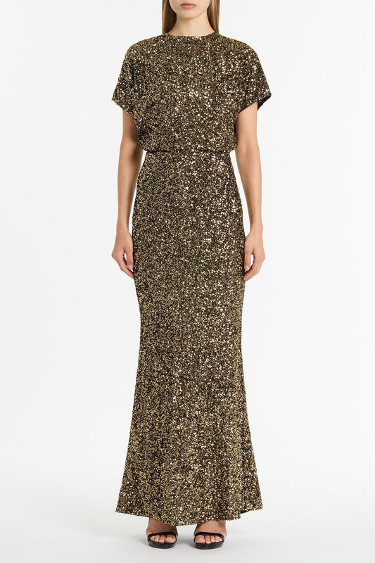 Image of a model wearing Tops. Product name - Bronze Crushed Sequin Drape Top in Bronze colour by brand - Carla Zampatti