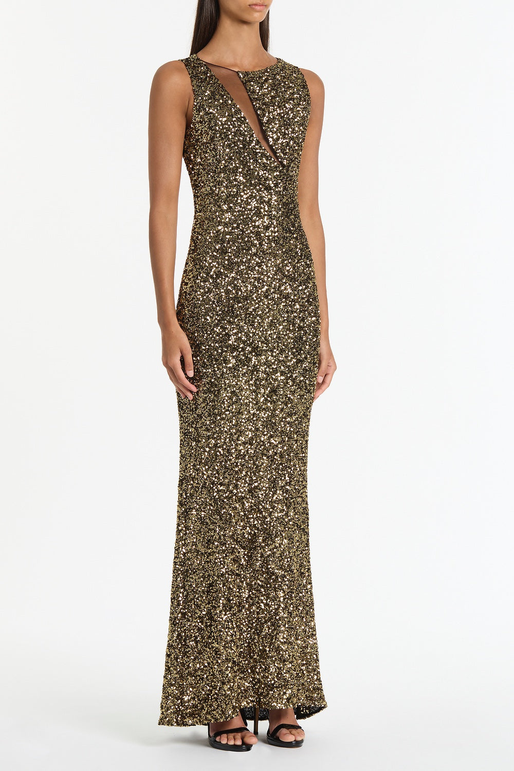 Carla Zampatti Crushed Sequin Mesh-Insert Dress (Bronze)