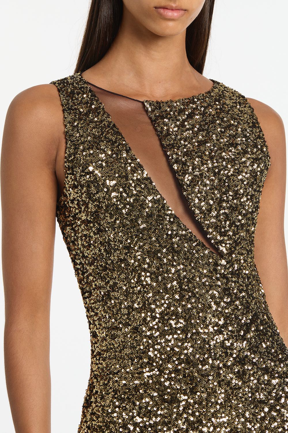 Carla Zampatti Crushed Sequin Mesh-Insert Dress (Bronze)
