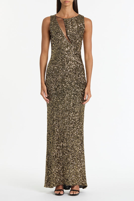 Image of Dresses. Product name - Bronze Crushed Sequin Mesh-Insert Dress in Bronze colour by brand - Carla Zampatti