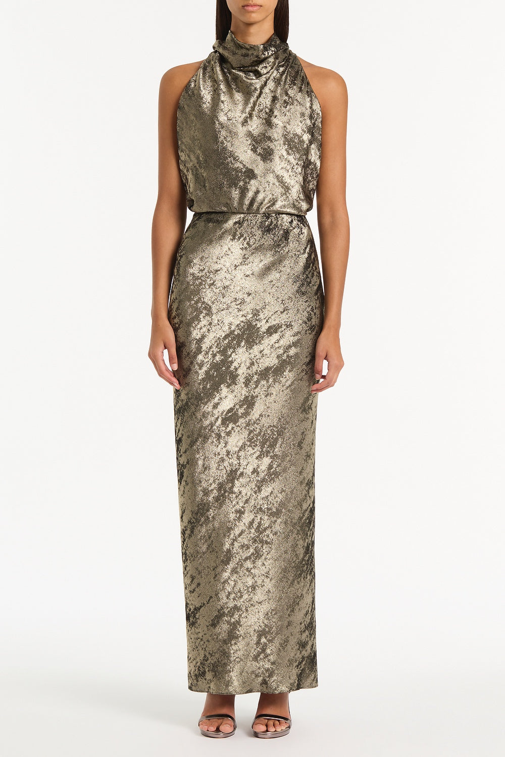 Image of a model wearing Skirts. Product name - Burnished Metallic Bias Skirt in Bronze colour by brand - Carla Zampatti