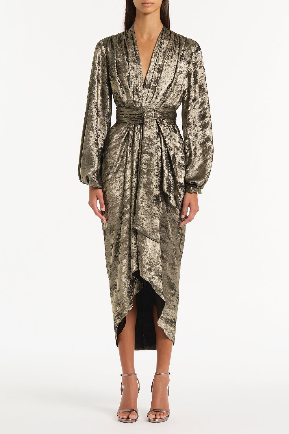 Image of Dresses. Product name - Burnished Metallic Waterfall Dress in Bronze colour by brand - Carla Zampatti