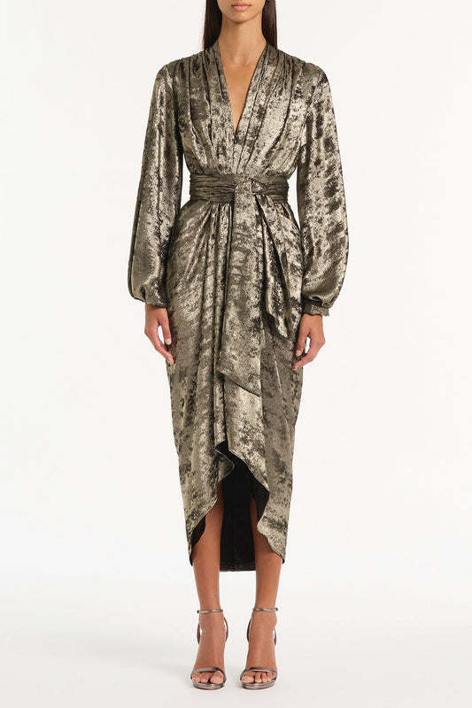 Image of Dresses. Product name - Burnished Metallic Waterfall Dress in Bronze colour by brand - Carla Zampatti