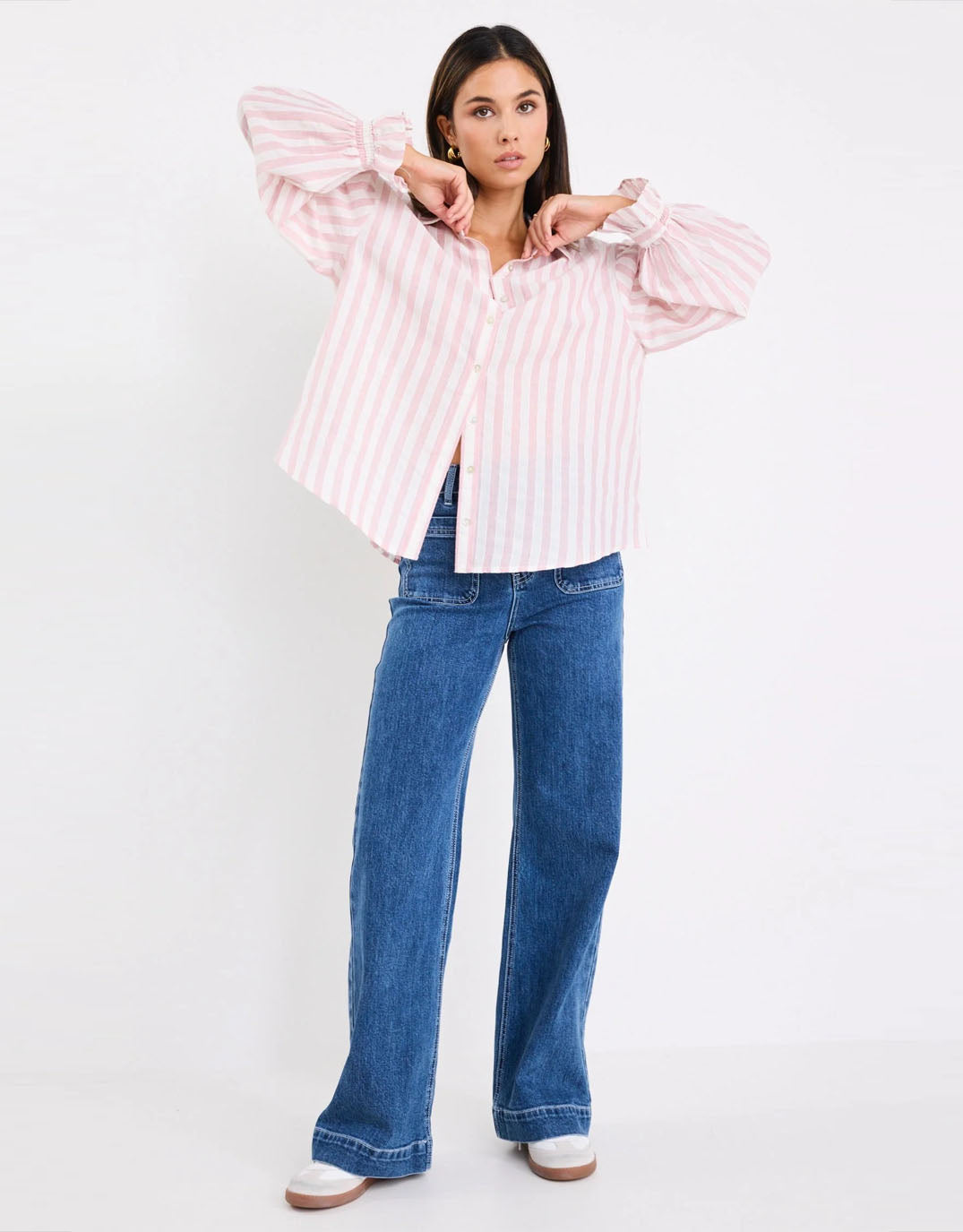 By Rosa Connection Button Front Blouse (Pink Stripe)