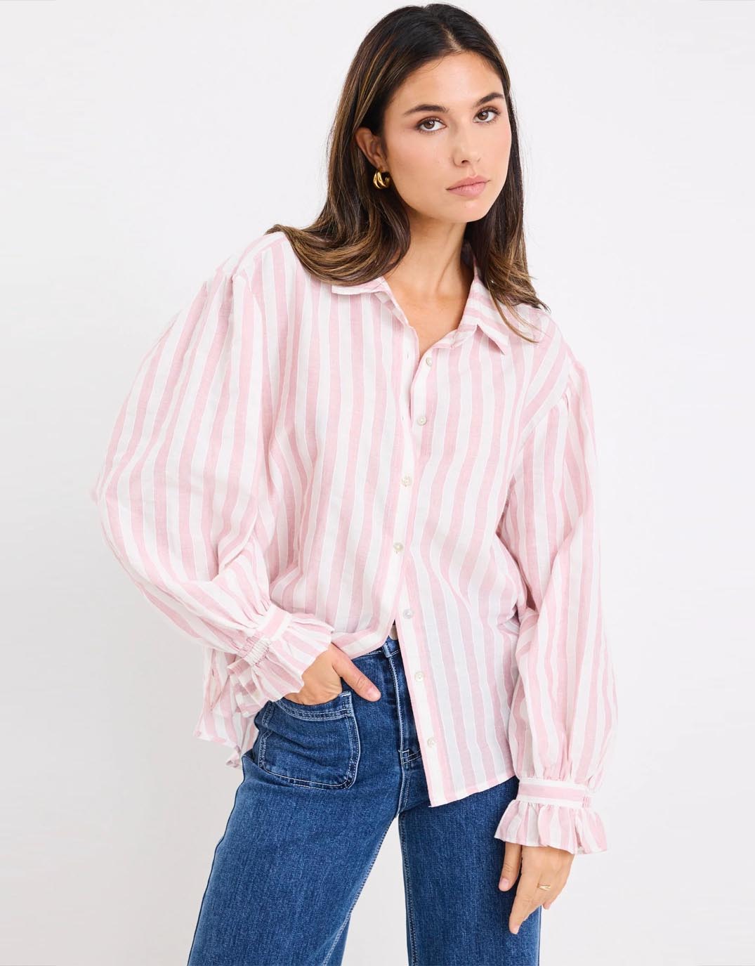 By Rosa Connection Button Front Blouse (Pink Stripe)