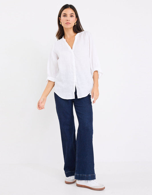 Deity Linen Button Through Puff Sleeve - (White)
