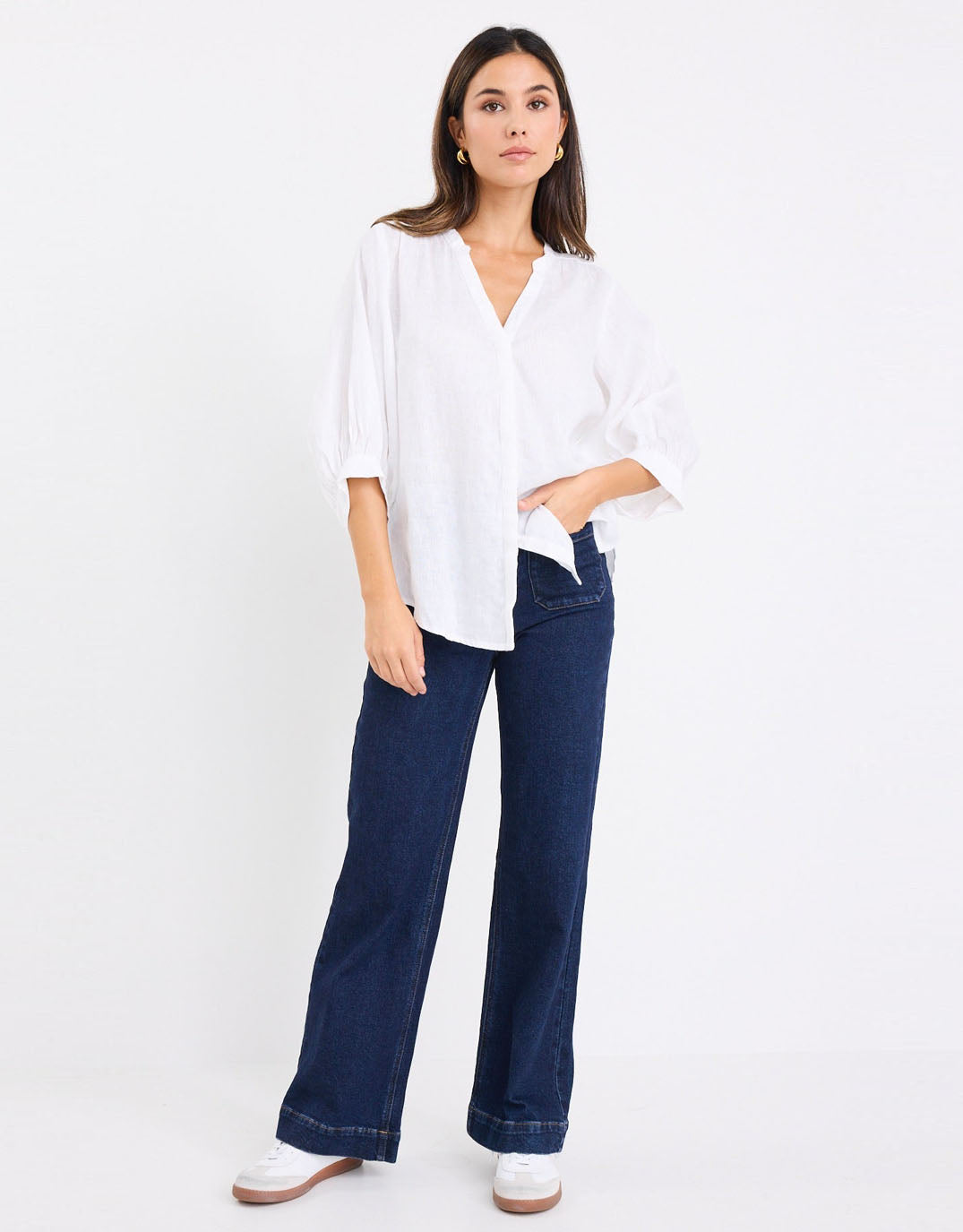 By Rosa Deity Linen Button Through Puff Sleeve (White)