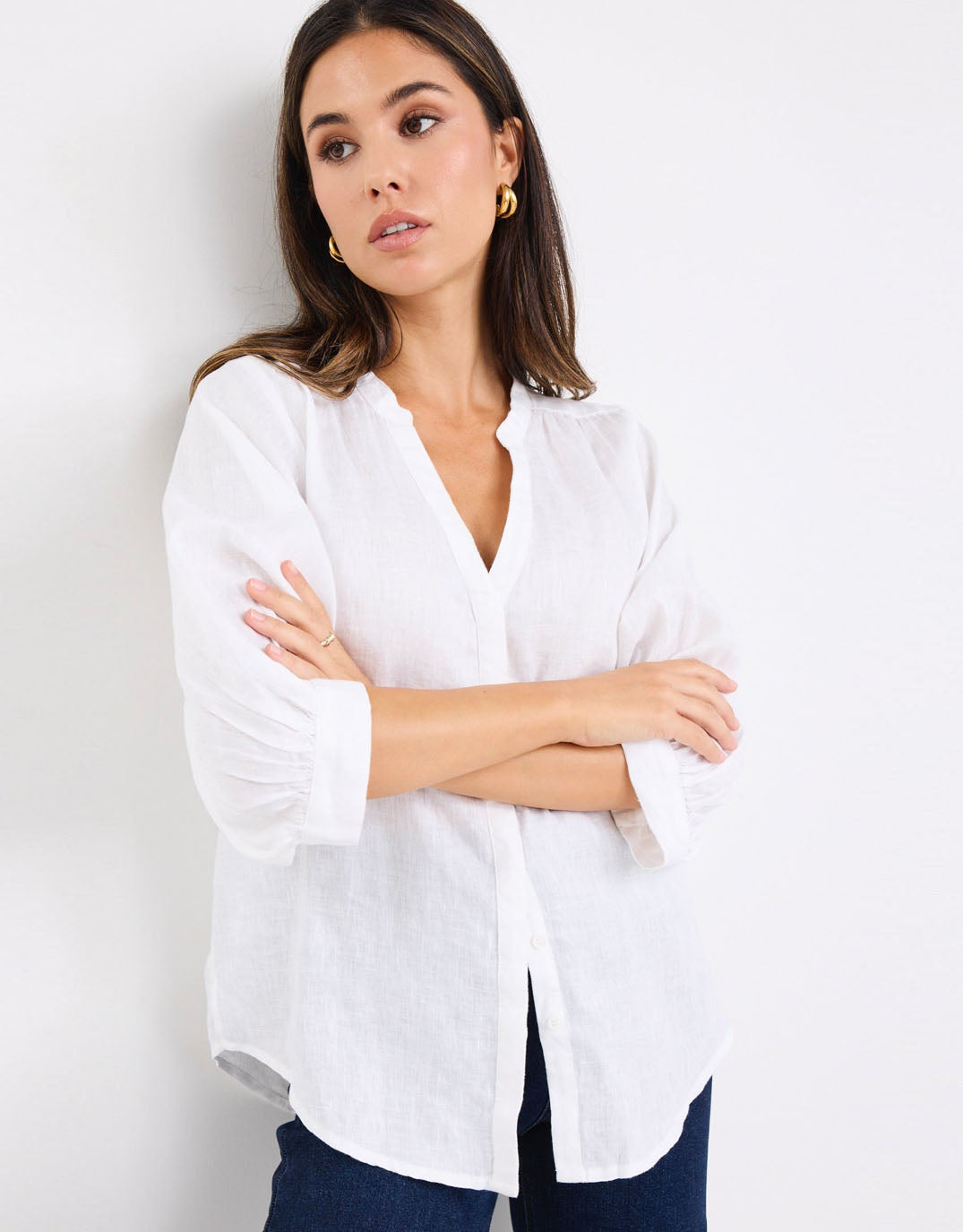 By Rosa Deity Linen Button Through Puff Sleeve (White)