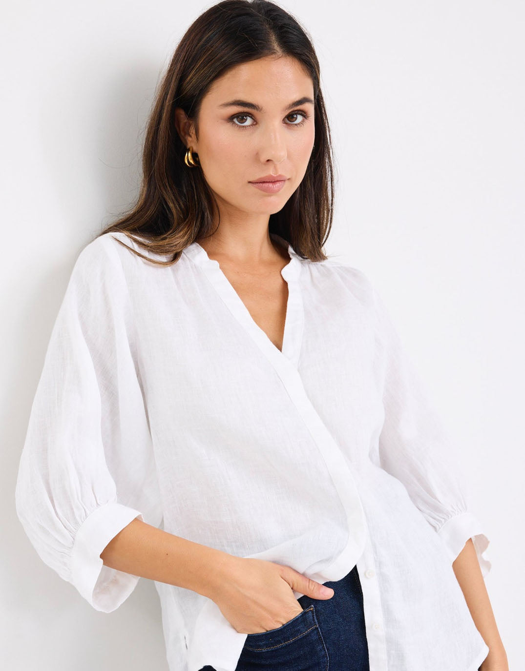 By Rosa Deity Linen Button Through Puff Sleeve (White)