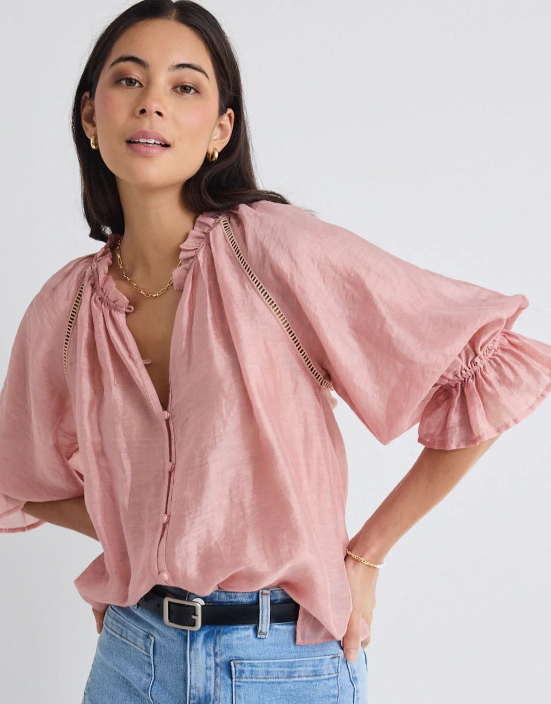 By Rosa Encounter Gathered Button Front Top (Blush)