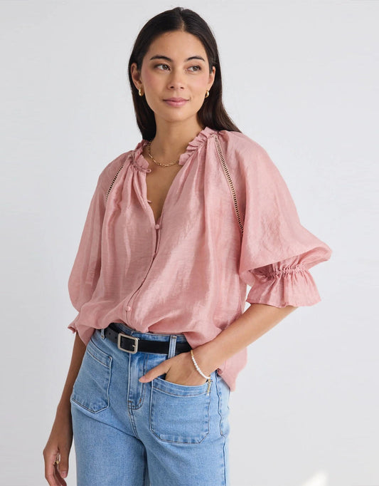Image of a model wearing Tops. Productname: Encounter Gathered Button Front Top - in Blush colour by brand - By Rosa