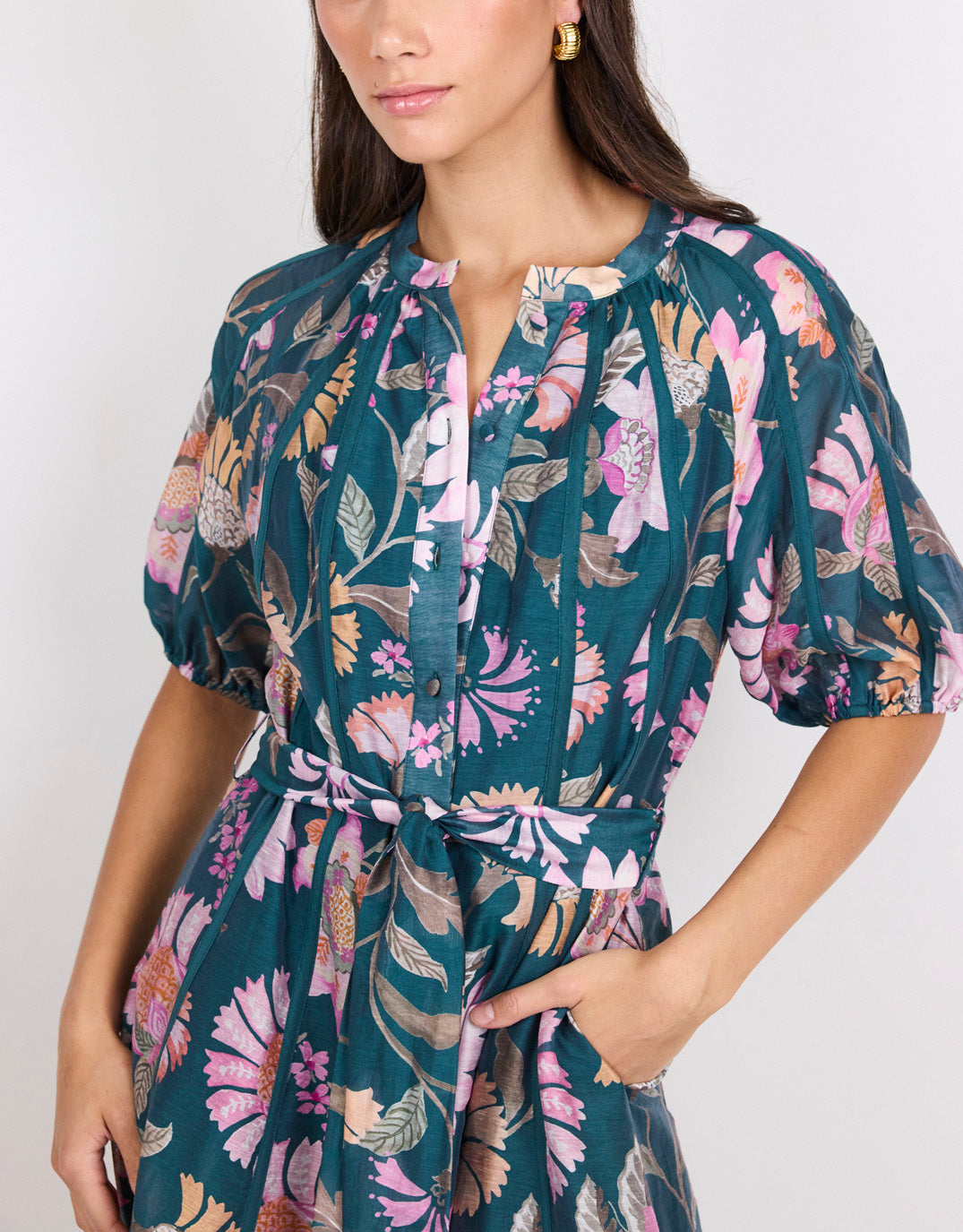 By Rosa Intuition Scarf Print Puff Sleeve Maxi Shirt Dress (Petrol)