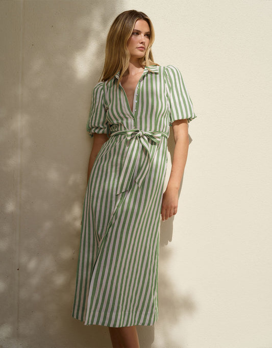 Image of Dresses. Productname: Kindred Puff Sleeve Midi Shirt Dress - in Moss Stripe colour by brand - By Rosa