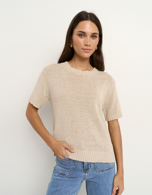 Image of a model wearing Outerwear. Productname: Loveable Tape Yarn Knit Tee - in Natural colour by brand - By Rosa