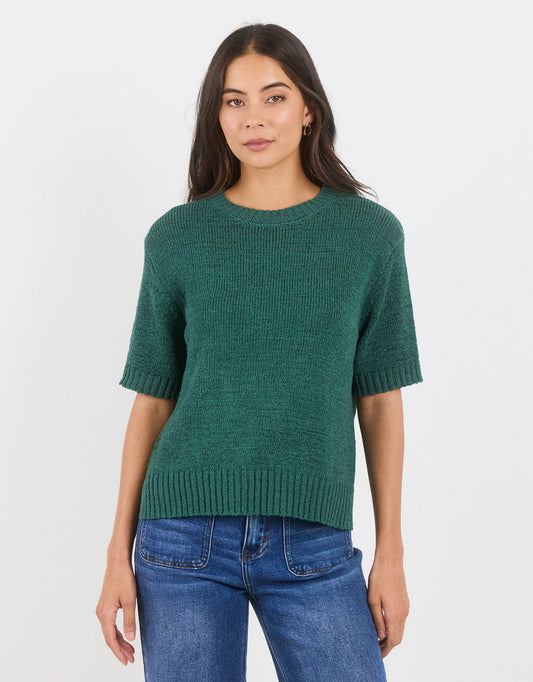 Image of a model wearing Outerwear. Product name - Loveable Tape Yarn Knit Tee Petrol in Petrol colour by brand - By Rosa