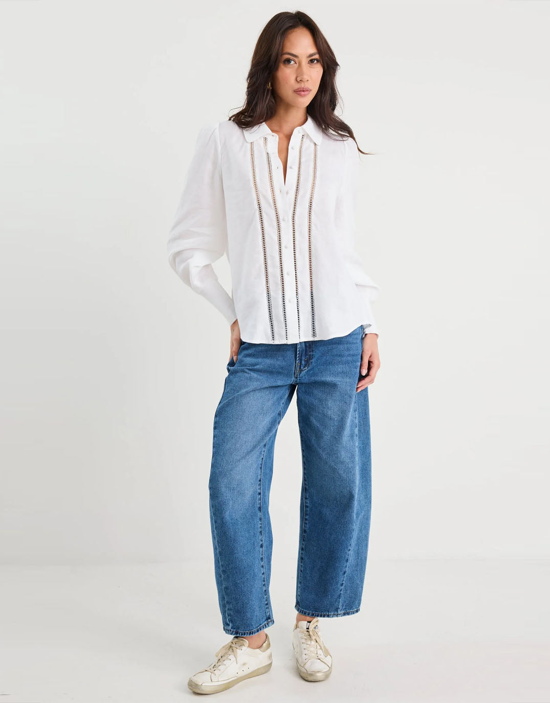 By Rosa Zinnia Lace Trim Long Sleeve Shirt (White)