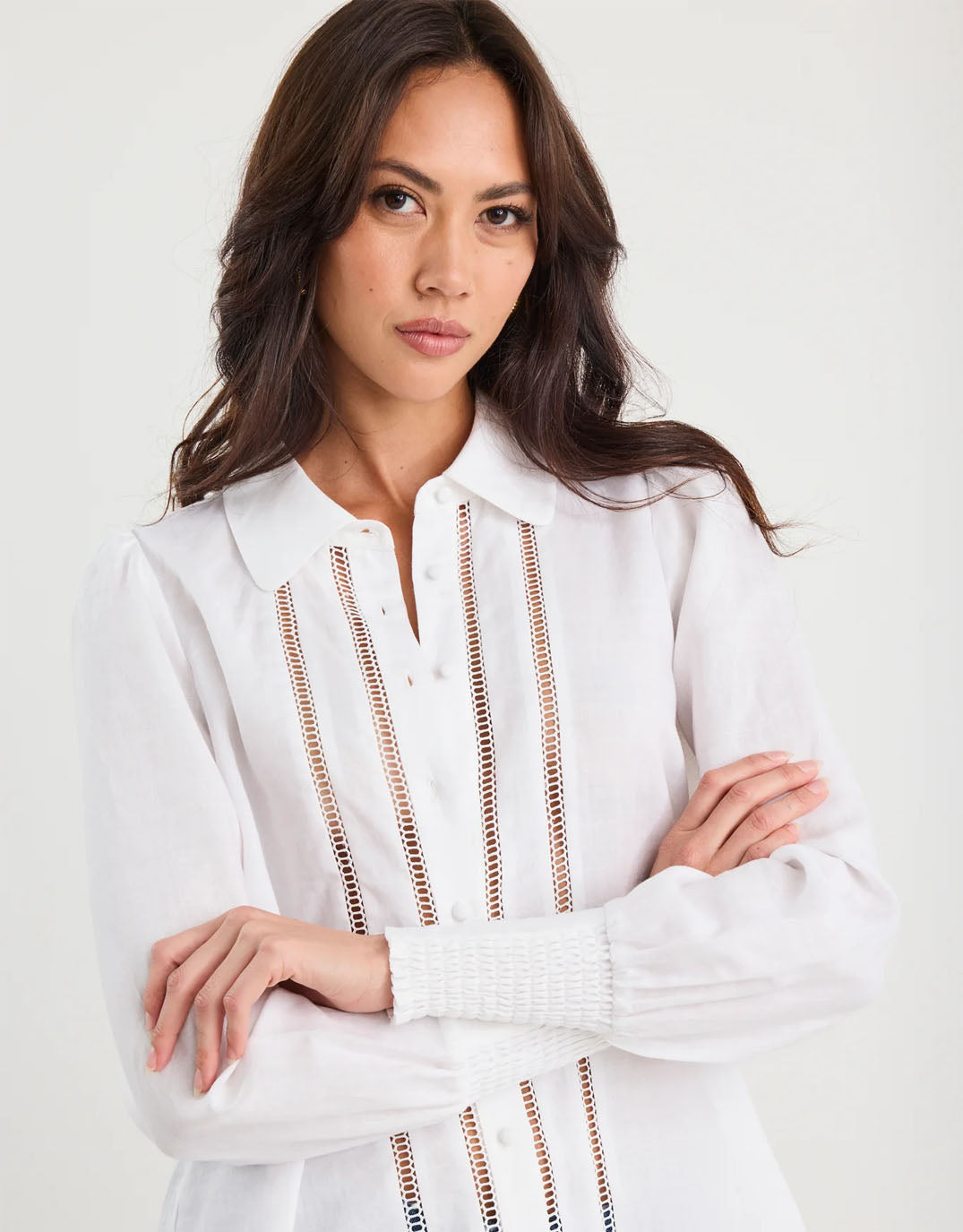By Rosa Zinnia Lace Trim Long Sleeve Shirt (White)