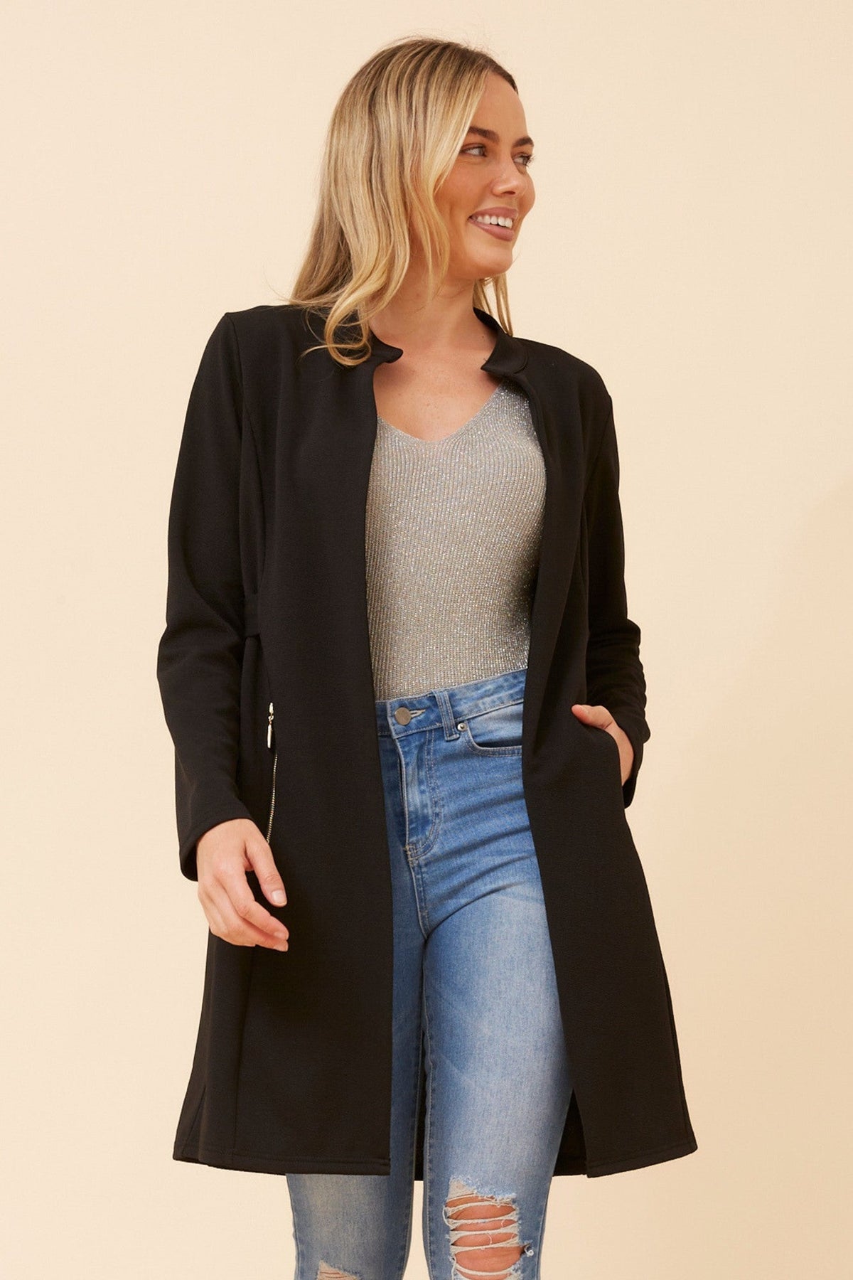 Image of Cardigans. Product name - LACEY SOLID CARDIGAN in Black colour by brand - Caroline Morgan Australia