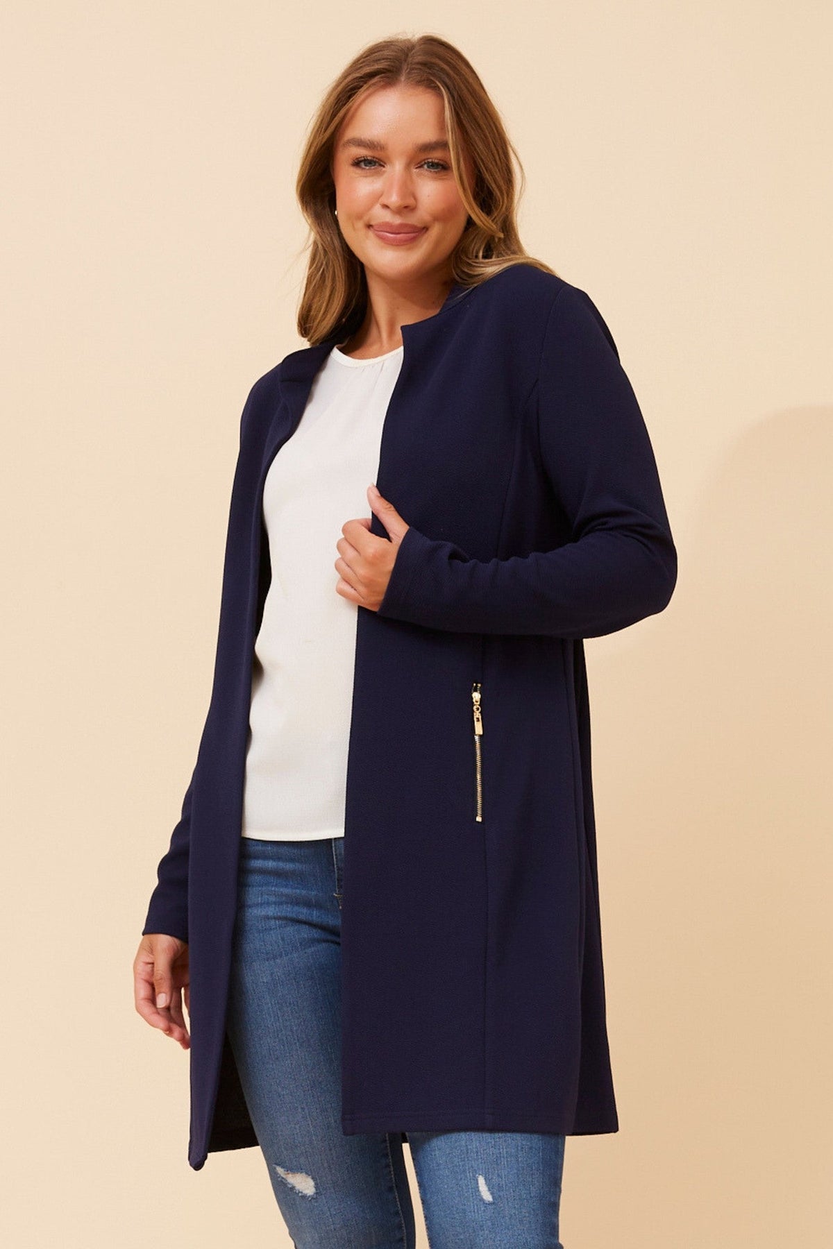 Image of Cardigans. Product name - LACEY SOLID CARDIGAN in Navy colour by brand - Caroline Morgan Australia
