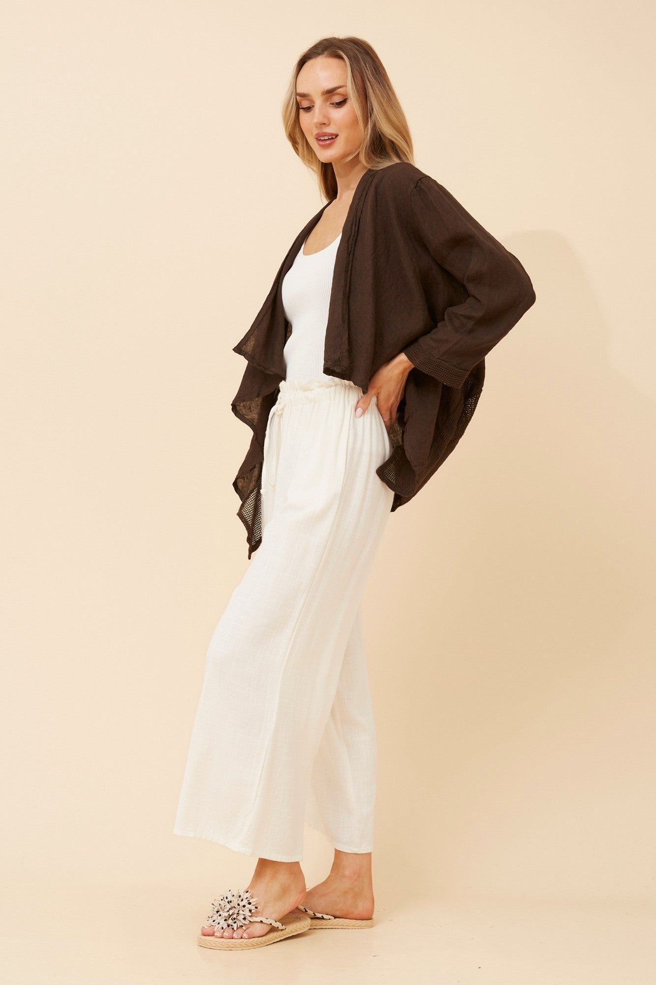 Image of Cardigans. Product name - MAJELLA LINEN CARDIGAN in Khaki colour by brand - BOTTEGA MODA