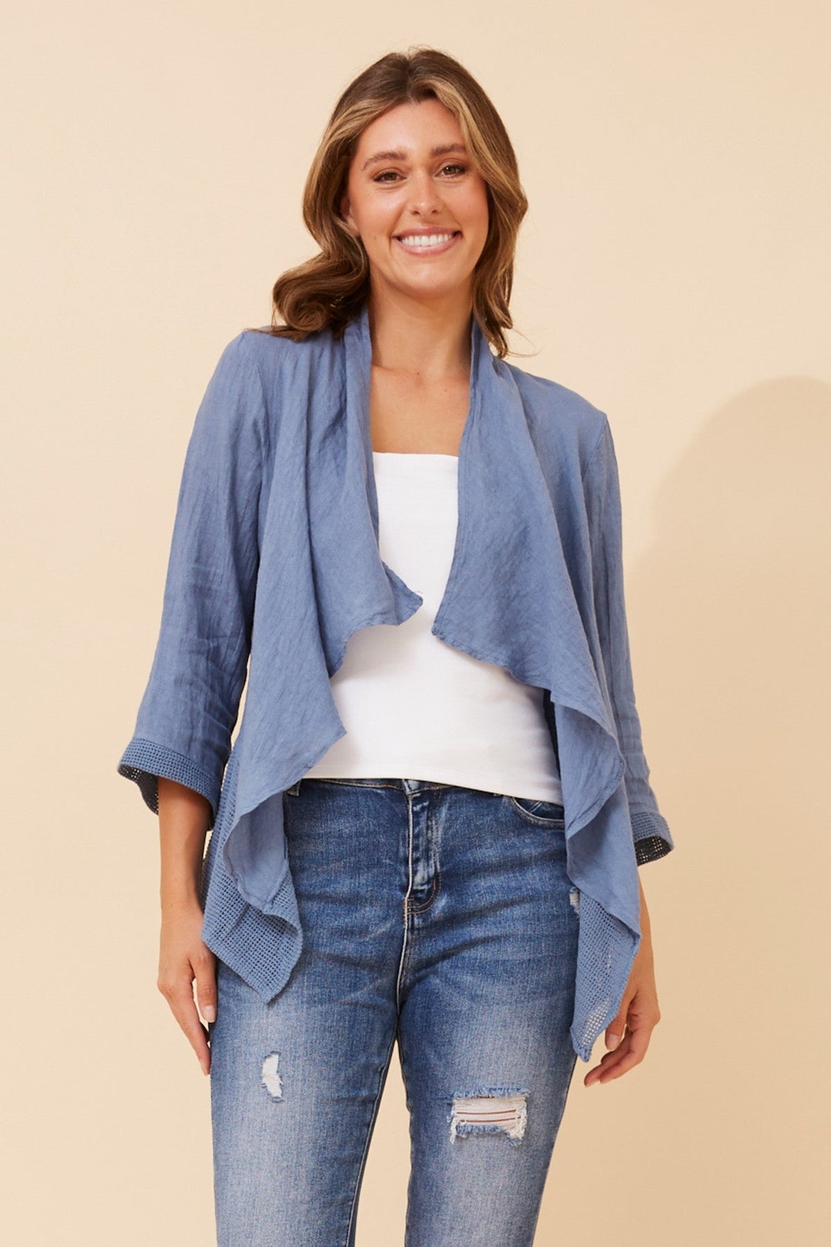 Image of Cardigans. Product name - MAJELLA LINEN CARDIGAN in Denim colour by brand - BOTTEGA MODA