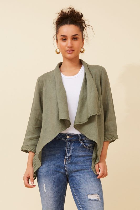Image of Cardigans. Product name - MAJELLA LINEN CARDIGAN in Khaki colour by brand - BOTTEGA MODA