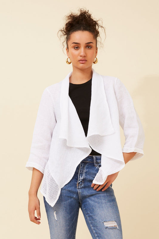 Image of Cardigans. Product name - MAJELLA LINEN CARDIGAN in White colour by brand - BOTTEGA MODA