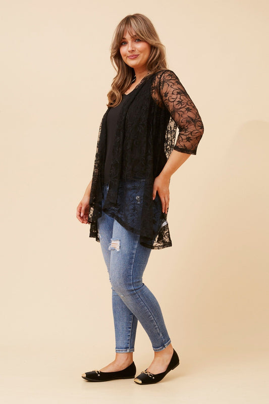 Image of Cardigans. Product name - MANNIE LACE WATERFALL CARDIGAN in Black colour by brand - Caroline Morgan Australia