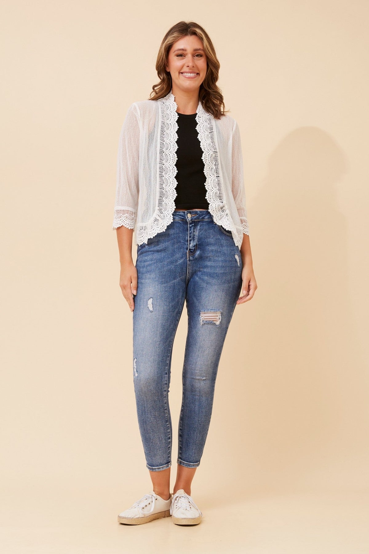 Image of Cardigans. Product name - FINS LACE CARDIGAN in Black colour by brand - Caroline Morgan Australia