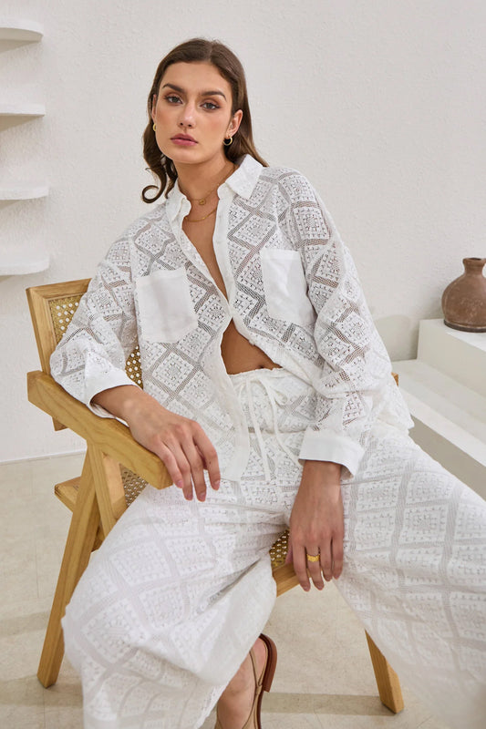 Image of a model wearing Pants. Productname: Heychic Kiran Lace Pants in White colour by brand - Heychic