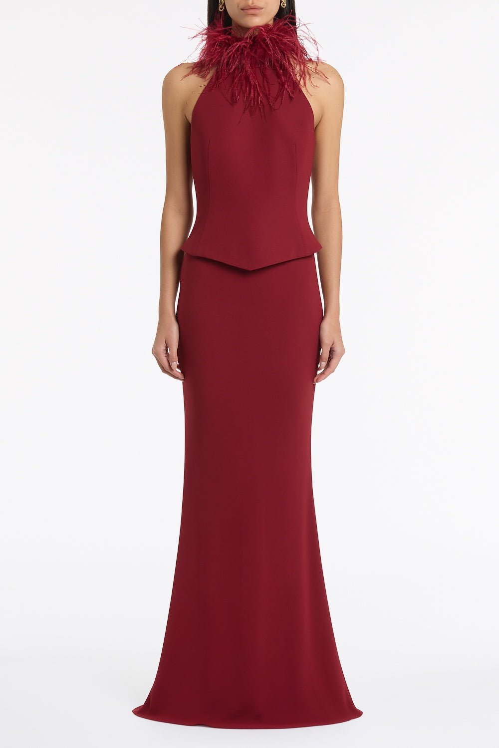 Image of a model wearing Tops. Product name - Cabernet Crepe Feather Detail Bodice in Red colour by brand - Carla Zampatti