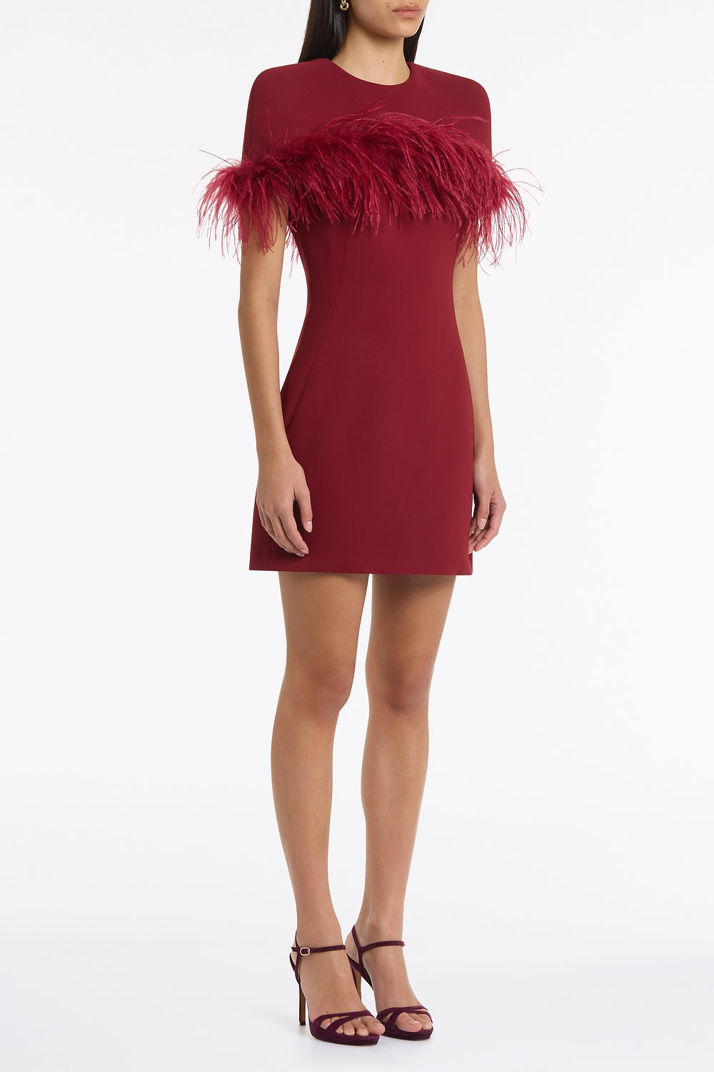 Carla Zampatti Cabernet Crepe Feather Detail Mini Cape Dress (Red)