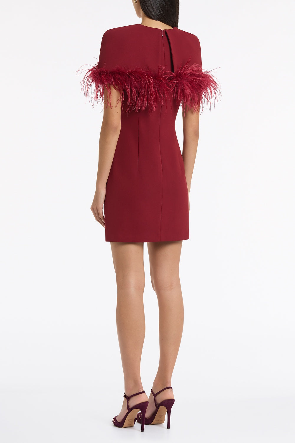 Carla Zampatti Cabernet Crepe Feather Detail Mini Cape Dress (Red)
