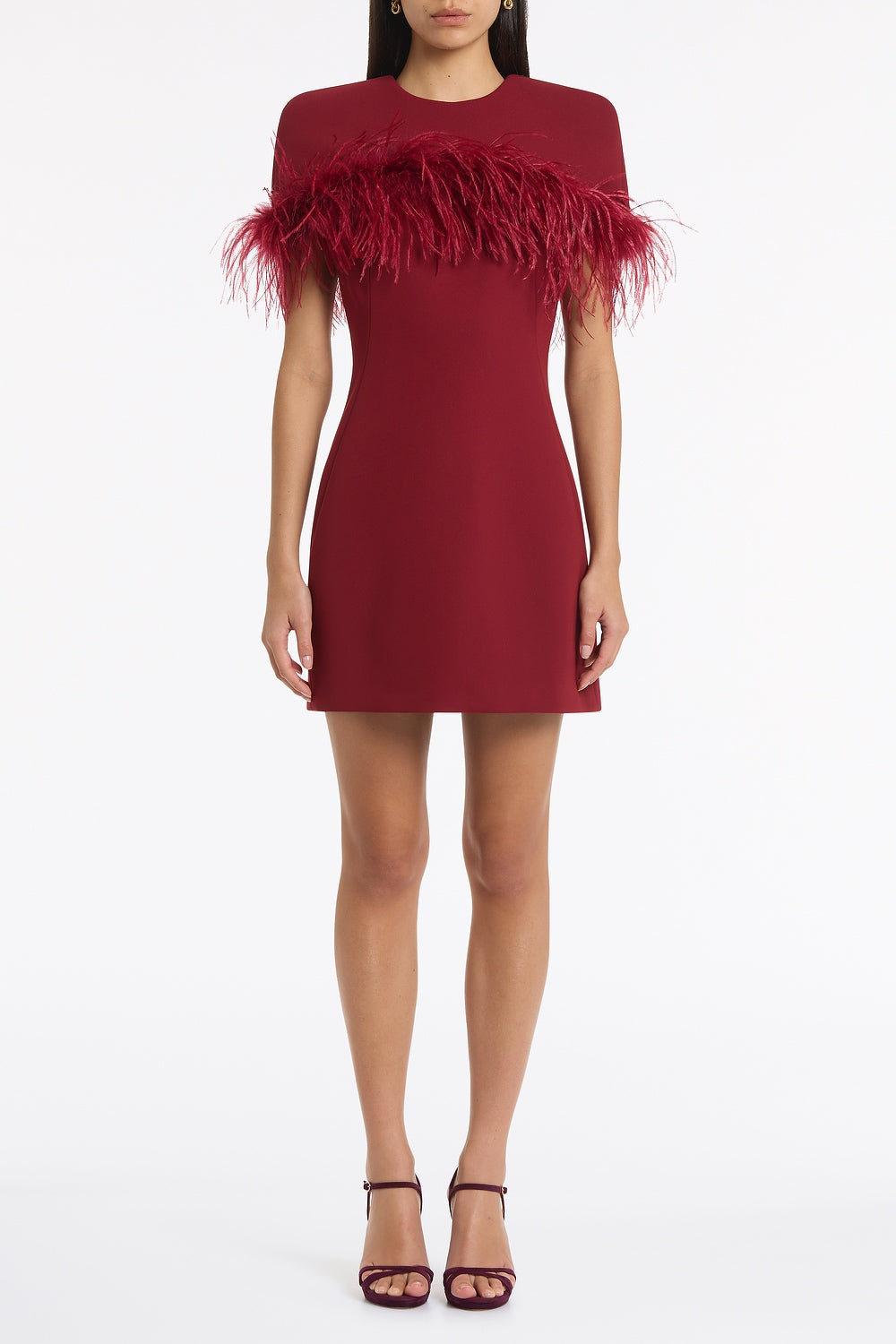 Image of Dresses. Product name - Cabernet Crepe Feather Detail Mini Cape Dress in Red colour by brand - Carla Zampatti