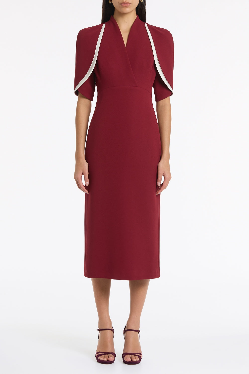 Image of Dresses. Product name - Cabernet Crepe Layered Sleeve Midi Dress in Red colour by brand - Carla Zampatti