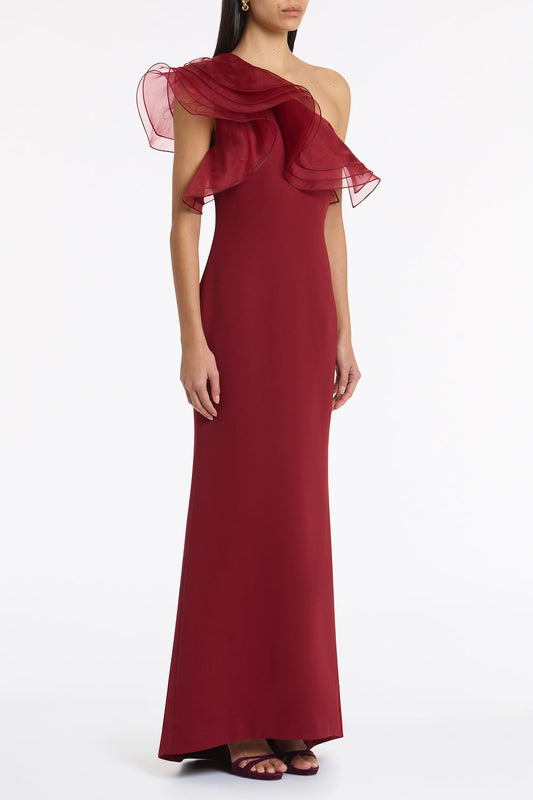 Carla Zampatti Cabernet Crepe One Shoulder Organza Ruffle Gown (Red)