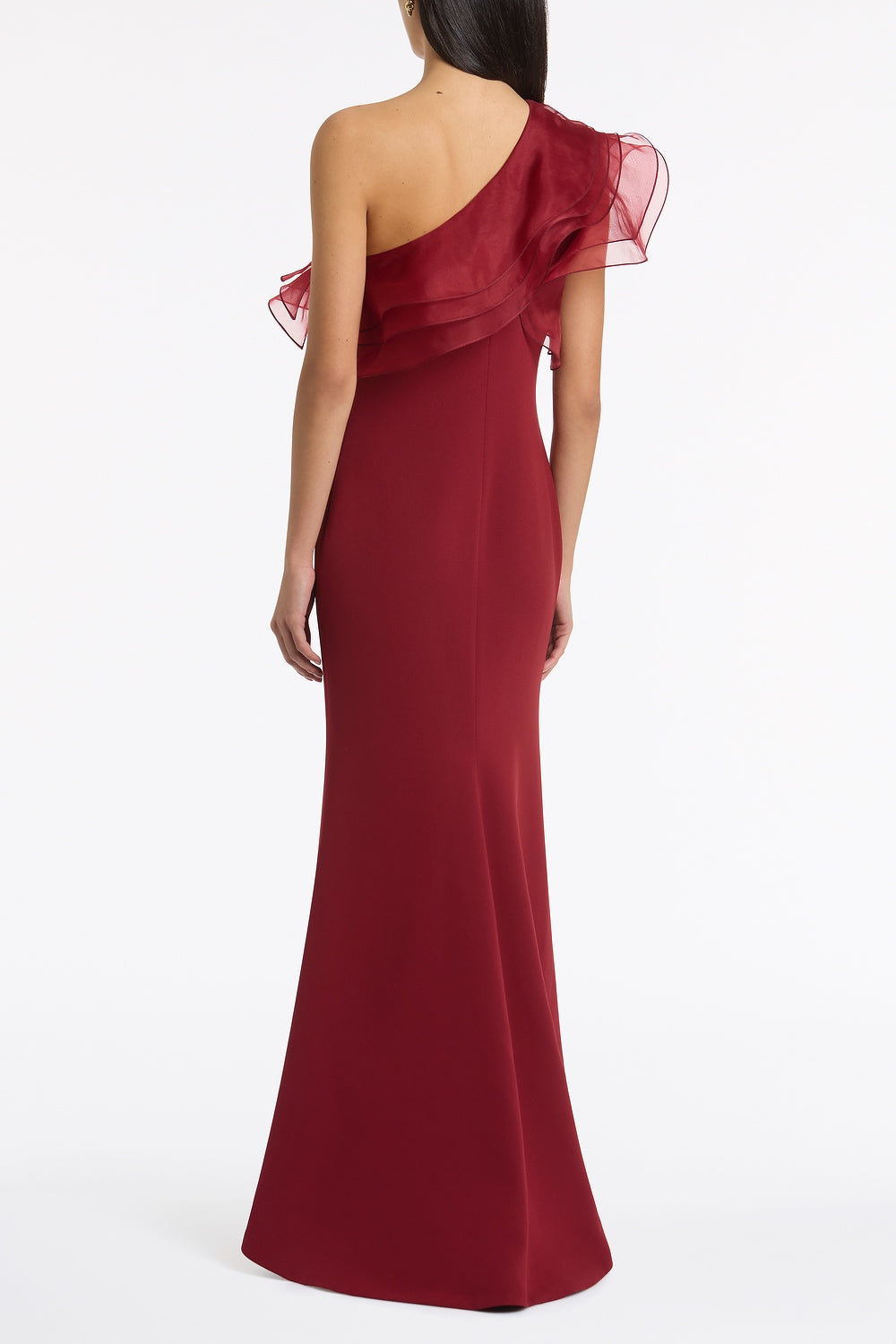 Carla Zampatti Cabernet Crepe One Shoulder Organza Ruffle Gown (Red)