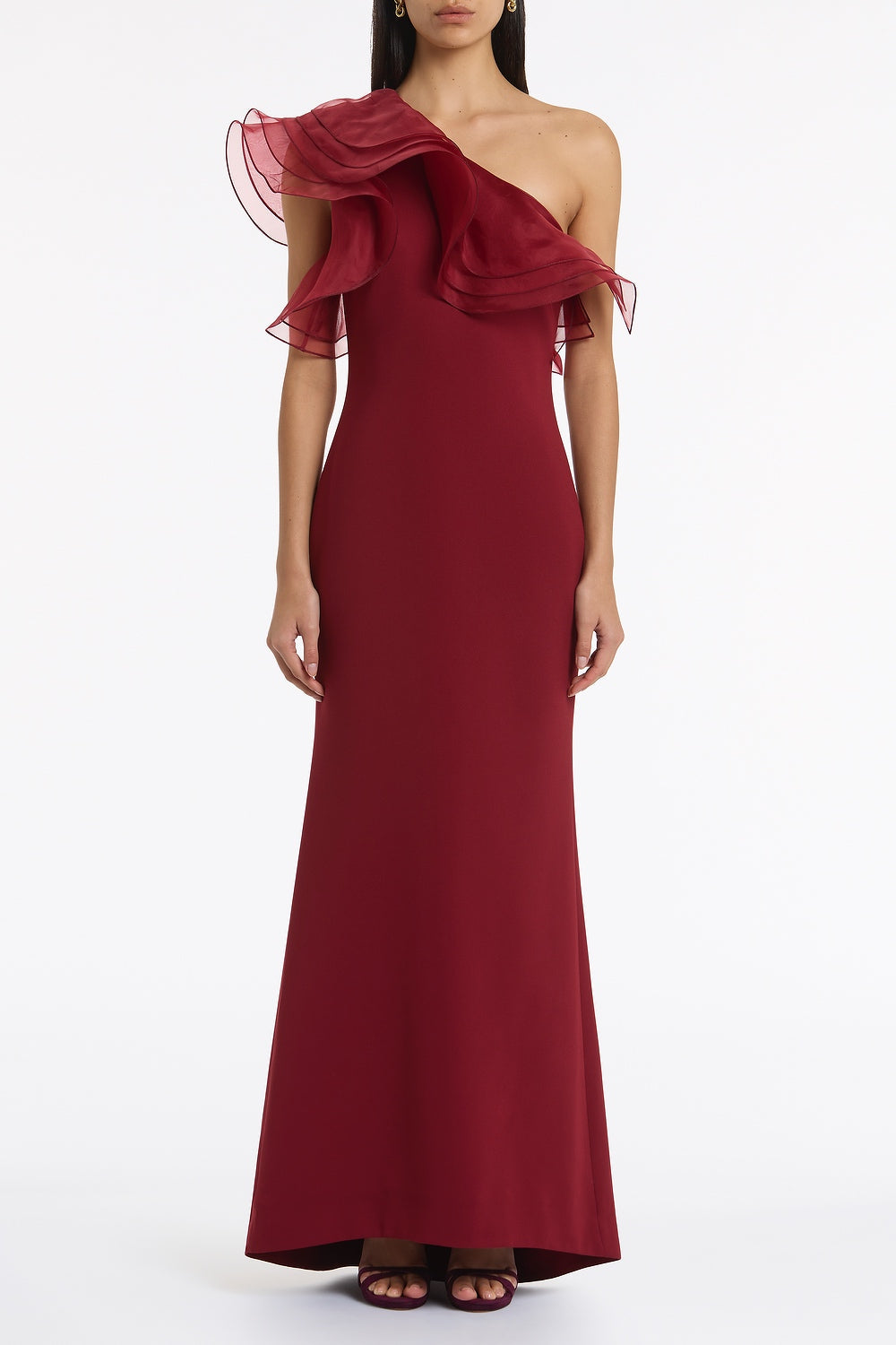 Image of Dresses. Product name - Cabernet Crepe One Shoulder Organza Ruffle Gown in Red colour by brand - Carla Zampatti