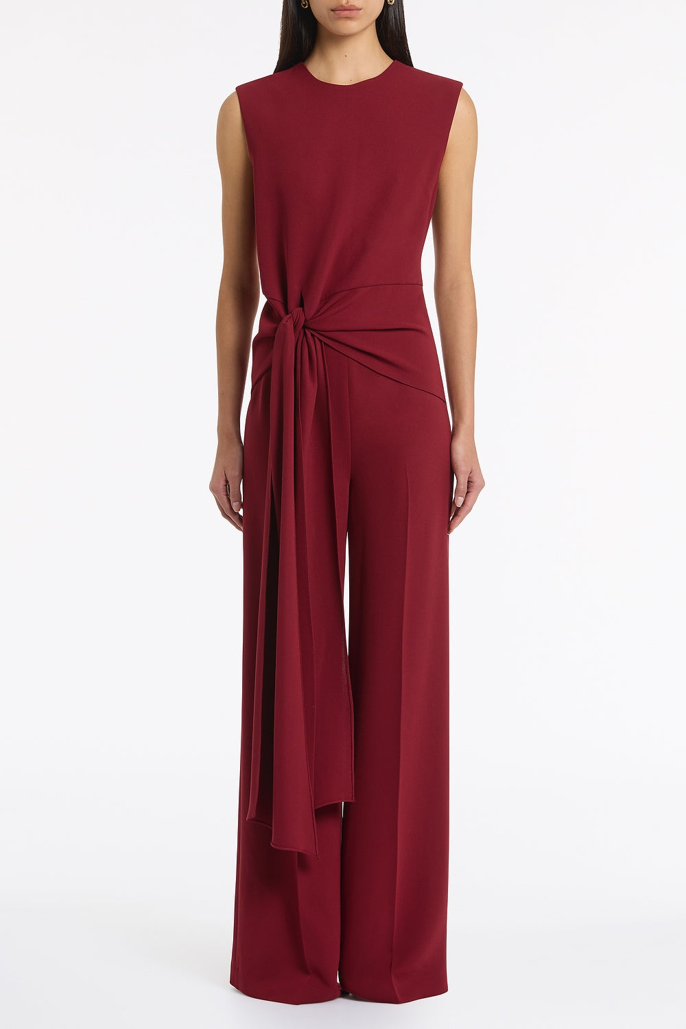 Image of Bodysuits. Product name - Cabernet Crepe Tie Front Jumpsuit in Red colour by brand - Carla Zampatti