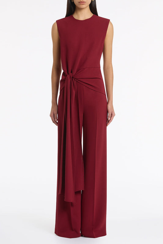 Image of Bodysuits. Product name - Cabernet Crepe Tie Front Jumpsuit in Red colour by brand - Carla Zampatti