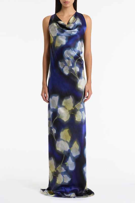 Image of Dresses. Product name - Calla Lily Silk Viscose Cowl Front Gown in Blue colour by brand - Carla Zampatti